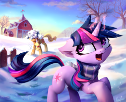 Size: 1191x966 | Tagged: safe, artist:inowiseei, character:applejack, character:twilight sparkle, character:twilight sparkle (unicorn), species:earth pony, species:pony, species:unicorn, barn, clothing, cloud, cute, duo, female, floppy ears, jackabetes, magic, mare, scarf, sky, smiling, snow, snowball fight, sweet apple acres, tree, twiabetes