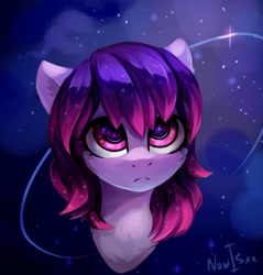 Size: 1776x1860 | Tagged: safe, artist:inowiseei, oc, oc only, oc:share dast, species:earth pony, species:pony, art trade, bust, female, frown, looking up, mare, portrait, space