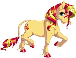 Size: 1615x1233 | Tagged: safe, artist:kittehkatbar, character:sunset shimmer, species:classical unicorn, species:pony, species:unicorn, cloven hooves, colored hooves, curved horn, female, leonine tail, mare, raised hoof, simple background, smiling, solo, transparent background, unshorn fetlocks