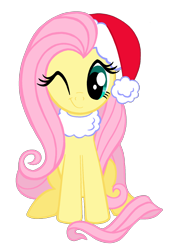Size: 1100x1614 | Tagged: safe, artist:lonewolf3878, character:fluttershy, christmas, clothing, cute, female, hat, hnnng, holiday, looking at you, one eye closed, santa hat, scarf, shyabetes, simple background, sitting, solo, transparent background, vector, weapons-grade cute, wink