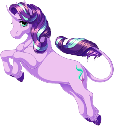 Size: 1391x1532 | Tagged: safe, artist:kittehkatbar, character:starlight glimmer, species:classical unicorn, species:pony, species:unicorn, cloven hooves, female, hoers, leonine tail, looking at you, mare, realistic anatomy, simple background, smiling, solo, transparent background, unshorn fetlocks