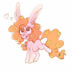 Size: 5000x5000 | Tagged: safe, artist:pinkablue, character:pear butter, species:earth pony, species:pony, absurd resolution, blushing, bunny ears, female, flower, flower in hair, heart, impossibly large ears, mare, open mouth, smiling, solo