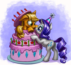 Size: 1600x1459 | Tagged: safe, artist:harwick, character:applejack, character:rarity, species:earth pony, species:pony, species:unicorn, ship:rarijack, bipedal, bipedal leaning, cake, clothing, cute, eye contact, female, floppy ears, food, happy birthday, hat, leaning, lesbian, looking at each other, mare, nose wrinkle, party hat, pop out cake, shipping, smiling, underhoof