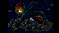 Size: 1920x1080 | Tagged: safe, artist:julunis14, character:rainbow dash, species:pegasus, species:pony, clothing, cloud, costume, female, glowing eyes, goggles, mare, night, shadowbolts costume, solo, stars, traditional art
