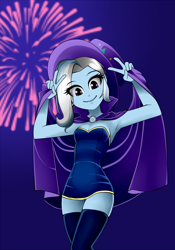 Size: 1050x1500 | Tagged: safe, artist:nekojackun, character:trixie, my little pony:equestria girls, adorasexy, armpits, bare shoulders, breasts, cape, cleavage, clothing, cute, dress, female, fireworks, hat, looking at you, night, peace sign, sexy, short dress, sleeveless, smiling, solo, starry eyes, stockings, strapless, thigh highs, trixie's cape, trixie's hat, wingding eyes