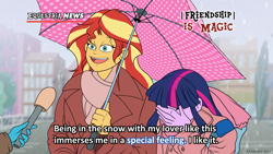 Size: 1920x1080 | Tagged: safe, artist:atariboy2600, character:sunset shimmer, character:twilight sparkle, ship:sunsetsparkle, my little pony:equestria girls, facepalm, female, lesbian, meme, microphone, rain, shipping, special feeling