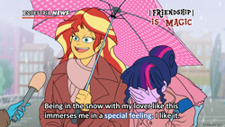Size: 1920x1080 | Tagged: safe, artist:atariboy2600, character:sunset shimmer, character:twilight sparkle, character:twilight sparkle (scitwi), species:eqg human, ship:scitwishimmer, ship:sunsetsparkle, my little pony:equestria girls, clothing, dialogue, female, lesbian, meme, microphone, shipping, smiling, special feeling, umbrella