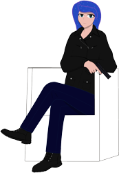 Size: 868x1251 | Tagged: safe, artist:totallynotabronyfim, character:princess luna, species:human, biker, blue jeans, boots, chair, clothing, female, gun, handgun, humanized, jacket, jeans, leather, leather jacket, pants, pistol, shoes, simple background, solo, transparent background, trigger discipline, weapon
