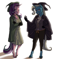 Size: 2000x2000 | Tagged: safe, artist:shimazun, character:starlight glimmer, character:trixie, species:anthro, species:pony, species:unguligrade anthro, species:unicorn, alternate universe, clothing, crossed arms, duo, female, hat, mare, middle ages au, simple background, white background, wizard hat