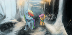 Size: 4000x1936 | Tagged: safe, artist:fuzzyfox11, character:rainbow dash, character:scootaloo, species:pegasus, species:pony, clothing, forest, scarf, snow