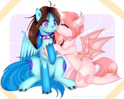 Size: 1173x933 | Tagged: safe, artist:clefficia, oc, oc only, species:alicorn, species:bat pony, species:dracony, species:pony, bat pony alicorn, bat pony oc, collar, female, hybrid, lesbian, oc x oc, shipping, smiling, spiked collar, unshorn fetlocks