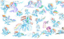 Size: 1024x630 | Tagged: safe, artist:pinkablue, character:bow hothoof, character:fluttershy, character:gilda, character:hoops, character:rainbow blaze, character:rainbow dash, character:scootaloo, character:windy whistles, species:griffon, species:pegasus, species:pony, doodles, flying, juice, juice box, sketch, sketch dump, training, trash can, younger