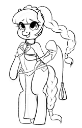 Size: 772x1200 | Tagged: safe, artist:whale, oc, oc only, oc:blocky bits, species:earth pony, species:pony, belly button, braid, braided tail, collar, crossover, female, leash, lineart, mare, monochrome, pixel art, semi-anthro, simple background, slave leia, slave leia outfit, solo, star wars, white background