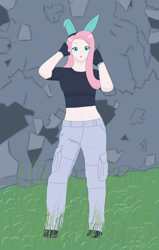 Size: 1280x2018 | Tagged: safe, artist:totallynotabronyfim, character:fluttershy, species:human, belly button, bunny ears, cargo pants, clothing, costume, dangerous mission outfit, female, gloves, hoodie, humanized, looking at you, midriff, open mouth, pants, short shirt, solo