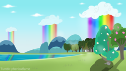 Size: 1920x1080 | Tagged: safe, artist:phenioxflame, episode:campfire tales, g4, my little pony: friendship is magic, 1920x1080, background, lake, no pony, rainbow, redraw, scenery, tree, winsome falls