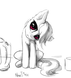 Size: 712x773 | Tagged: safe, artist:inowiseei, oc, oc only, species:pony, chest fluff, cute, ear fluff, female, head tilt, looking at you, mare, monochrome, neo noir, partial color, sitting, solo