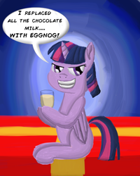 Size: 2400x3000 | Tagged: safe, artist:saburodaimando, character:twilight sparkle, character:twilight sparkle (alicorn), species:alicorn, species:pony, episode:hearth's warming eve, g4, my little pony: friendship is magic, christmas, daimando is going to hell, eggnog, evil grin, exploitable meme, grin, holiday, meme, missing cutie mark, present, pure unfiltered evil, smiling, spilled milk
