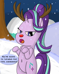 Size: 2400x3000 | Tagged: safe, artist:saburodaimando, character:starlight glimmer, species:deer, species:reindeer, antlers, belly button, bipedal, daimando is going to hell, red nose, snow, starlight is not amused, unamused, winter