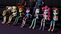 Size: 3840x2160 | Tagged: safe, artist:aryatheeditor, character:applejack, character:fluttershy, character:pinkie pie, character:rainbow dash, character:rarity, character:sunset shimmer, character:twilight sparkle, character:twilight sparkle (scitwi), species:eqg human, my little pony:equestria girls, 3d, camp everfree outfits, clothing, coach (l4d2), demoman, left 4 dead, left 4 dead 2, movie, source filmmaker, team fortress 2, theater, vin diesel