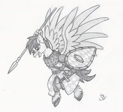 Size: 1915x1743 | Tagged: safe, artist:sensko, oc, oc only, species:classical hippogriff, species:hippogriff, fantasy class, flying, grayscale, javelin, kite shield, knight, monochrome, normandy, pencil drawing, prance, scabbard, shield, simple background, sketch, solo, sword, traditional art, warrior, weapon, white background