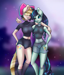 Size: 3543x4134 | Tagged: safe, artist:pitchyy, character:coloratura, character:songbird serenade, species:anthro, species:earth pony, species:pegasus, species:pony, my little pony: the movie (2017), belly button, breasts, clothing, colorenade, female, lesbian, mare, midriff, see-through, shipping, smiling