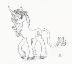 Size: 1862x1644 | Tagged: safe, artist:sensko, species:classical unicorn, species:pony, species:unicorn, celtic knot, chest fluff, cloven hooves, curved horn, damsel, floral head wreath, flower, grayscale, leonine tail, monochrome, pencil drawing, prance, simple background, sketch, solo, traditional art, unshorn fetlocks, white background
