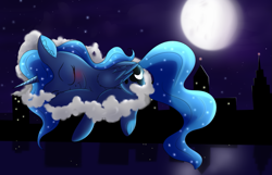 Size: 1333x860 | Tagged: safe, artist:brok-enwings, character:princess luna, species:alicorn, species:pony, blushing, city, cloud, female, moon, night, sleeping, solo