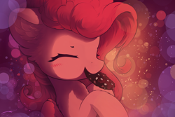 Size: 3000x2000 | Tagged: safe, artist:freeedon, character:pinkie pie, species:earth pony, species:pony, bust, cookie, cute, diapinkes, ear fluff, eating, eyes closed, female, food, happy, mare, mouth hold, solo