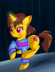 Size: 679x894 | Tagged: safe, artist:brok-enwings, species:pony, species:unicorn, blushing, clothing, crossover, female, frisk, glowing horn, heart, mare, ponified, pullover, solo, sweater, undertale, walking