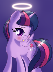 Size: 438x598 | Tagged: safe, artist:brok-enwings, character:twilight sparkle, character:twilight sparkle (alicorn), species:alicorn, species:pony, cute, female, halo, mare, one eye closed, smiling, solo, twiabetes, wink