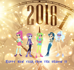 Size: 1661x1577 | Tagged: safe, artist:obeliskgirljohanny, character:indigo zap, character:lemon zest, character:sour sweet, character:sugarcoat, character:sunny flare, my little pony:equestria girls, 2018, happy new year, holiday, shadow five
