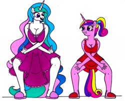 Size: 1709x1389 | Tagged: safe, artist:killerteddybear94, character:princess cadance, character:princess celestia, species:alicorn, species:anthro, species:pony, aunt and niece, breasts, busty princess cadance, busty princess celestia, charleston, cleavage, clothing, cute, cutedance, cutelestia, dancing, looking at each other, momlestia, nightgown, open mouth, ponytail, slippers, smiling, teen princess cadance, traditional art