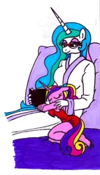 Size: 781x1364 | Tagged: safe, artist:killerteddybear94, character:princess cadance, character:princess celestia, species:alicorn, species:anthro, species:pony, aunt and niece, bathrobe, book, breasts, clothing, cropped, cute, glasses, lidded eyes, momlestia, nightgown, pillow, ponytail, reading, robe, sideboob, size difference, sleeping, smiling, teen princess cadance, traditional art
