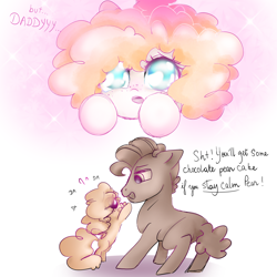 Size: 5000x5000 | Tagged: safe, artist:pinkablue, character:grand pear, character:pear butter, species:earth pony, species:pony, :o, absurd resolution, begging, bipedal, comic, cute, dialogue, duo, father and daughter, female, filly, freckles, gradient background, hnnng, hooves, lidded eyes, male, offscreen character, open mouth, pearabetes, pov, puppy dog eyes, reaching, simple background, smiling, sparkles, stallion, white background, young grand pear, younger