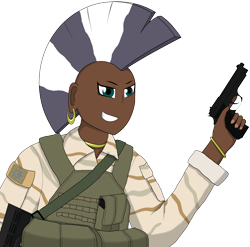Size: 1736x1713 | Tagged: safe, artist:totallynotabronyfim, character:zecora, species:human, bracelet, camouflage, clothing, ear piercing, earring, equestrian flag, gun, handgun, humanized, jewelry, m4, m9, mohawk, patch, piercing, pistol, rifle, simple background, transparent background, trigger discipline, vest, weapon