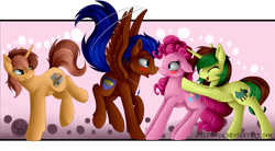 Size: 5787x3193 | Tagged: safe, artist:julunis14, character:pinkie pie, oc, oc:nimble wing, oc:northern spring, oc:spectrum lighting, species:earth pony, species:pegasus, species:pony, species:unicorn, blushing, boop, canon x oc, eyes closed, female, forced shipping, freckles, group, imminent kissing, jewelry, male, necklace, noseboop, pushing, shipper on deck, shipping, simple background, transparent background, ych result