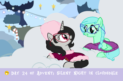 Size: 1344x884 | Tagged: safe, artist:obeliskgirljohanny, base used, oc, oc only, oc:seraphim cyanne, oc:turtledove, species:pegasus, species:pony, species:unicorn, advent calendar, clothing, cloud, cloudsdale, female, from above, glasses, hearthwarmingeve, lights, looking at each other, mare