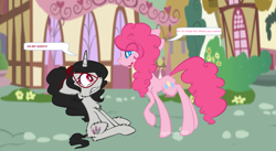 Size: 2521x1385 | Tagged: safe, artist:obeliskgirljohanny, base used, character:pinkie pie, oc, oc:seraphim cyanne, clenched teeth, collaboration, dialogue, eardroped, looking at each other, ponyville, shocked, speech bubble, surprised, wide eyes
