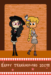 Size: 528x782 | Tagged: safe, artist:obeliskgirljohanny, character:little strongheart, oc, oc:seraphim cyanne, species:human, bohemian rhapsody, boho, feather, gothic, gothic fashion, holiday, humanized, looking at each other, native american, nu goth, thanksgiving