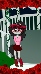 Size: 460x820 | Tagged: safe, artist:obeliskgirljohanny, oc, oc only, oc:seraphim cyanne, species:anthro, species:unguligrade anthro, blushing, clothing, floral head wreath, flower, gazebo, looking at you, rose