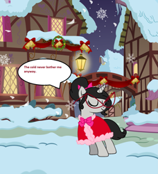 Size: 1669x1829 | Tagged: safe, artist:obeliskgirljohanny, oc, oc only, oc:seraphim cyanne, species:pony, species:unicorn, clothing, dialogue, eyes closed, female, hearthwarming eve, mare, ponyville, snow, speech bubble