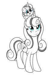 Size: 1024x1419 | Tagged: safe, artist:moonlightfan, character:princess flurry heart, baby, baby ponidox, cute, duality, flurrybetes, monochrome, older, older flurry heart, ponidox, pony hat, self ponidox, time paradox
