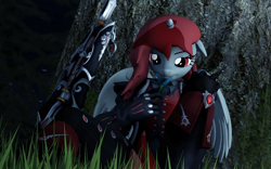 Size: 2826x1769 | Tagged: safe, artist:skyleesfm, oc, oc only, species:anthro, species:pegasus, species:pony, 3d, against tree, clothing, female, flower, gloves, grass, pants, sitting, solo, source filmmaker, tree