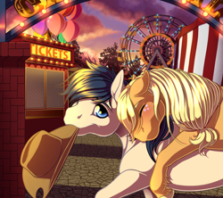Size: 1322x1172 | Tagged: safe, artist:kittehkatbar, character:applejack, oc, oc:constance everheart, species:pony, canon x oc, carnival, clothing, commission, cowboy hat, duo, everjack, eyes closed, female, ferris wheel, freckles, hat, male, shipping, sleeping, stetson, straight, sunset