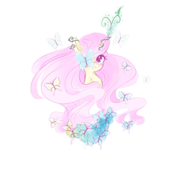 Size: 5000x5000 | Tagged: safe, artist:pinkablue, character:fluttershy, species:pony, g5 leak, leak, absurd resolution, blushing, bust, butterfly, female, fluttershy (g5), long mane, looking at you, mare, portrait, simple background, smiling, solo, unicorn fluttershy, white background