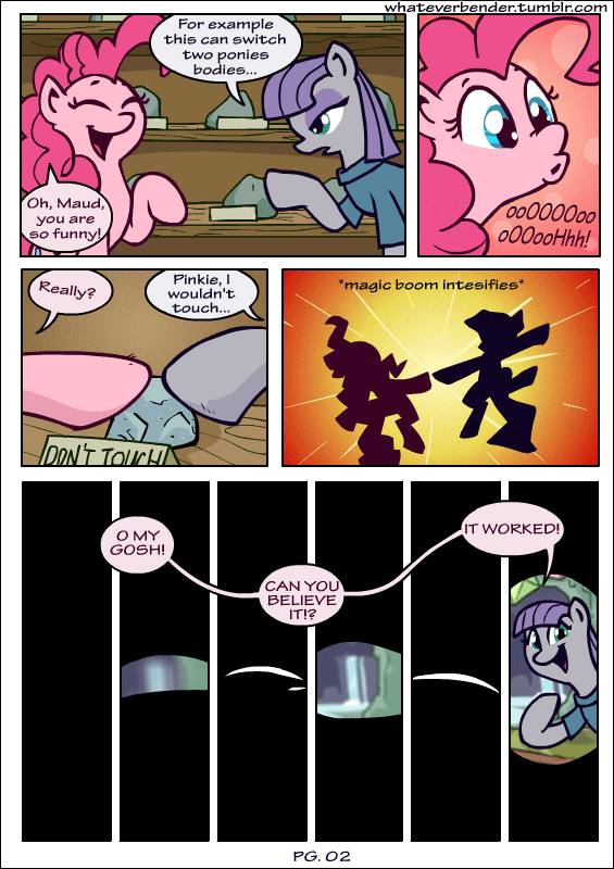 Size: 565x800 | Tagged: safe, artist:whateverbender, character:maud pie, character:pinkie pie, oc, species:earth pony, species:pony, comic:you maud bro, animated, body swap, clothing, comic, female, frame by frame, mare, squigglevision
