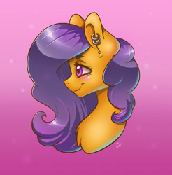 Size: 2978x3032 | Tagged: safe, artist:pitchyy, oc, oc only, oc:lovecraft, species:pony, blushing, bust, commission, ear piercing, earring, female, jewelry, mare, orange coat, piercing, purple eyes, purple mane, smiling, solo, ych result