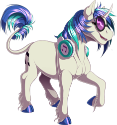 Size: 1024x1088 | Tagged: safe, artist:kittehkatbar, character:dj pon-3, character:vinyl scratch, species:classical unicorn, species:pony, species:unicorn, cloven hooves, curved horn, female, headphones, hoers, leonine tail, raised hoof, realistic anatomy, simple background, solo, sunglasses, transparent background, unshorn fetlocks