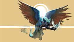 Size: 1755x987 | Tagged: safe, artist:blindcoyote, oc, oc only, oc:coulias, oc:der, species:griffon, duo, flying, male, micro, simple background, spread wings, wings