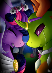 Size: 1600x2263 | Tagged: safe, artist:julunis14, character:thorax, character:twilight sparkle, character:twilight sparkle (alicorn), species:alicorn, species:changeling, species:pony, species:reformed changeling, ship:twirax, alternate hairstyle, arranged marriage, clothing, crying, dress, eyes closed, female, horn ring, horns are touching, male, marriage, ring, sad, shipping, straight, veil, wedding, wedding ring